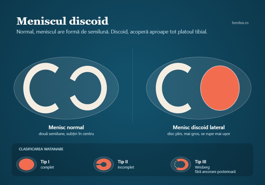 Schemă comparativă: menisc normal în formă de semilună versus menisc discoid la copil, cu cele trei tipuri Watanabe