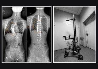 Radiografii ale coloanei unui adolescent cu scolioză severă, înainte și după tratament, alături de cadrul de mers cu sistem de tracțiune halo
